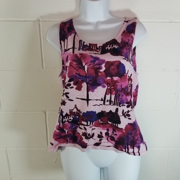 Vtg y2k watercolor tree print knit sweater tank top - Picture 2 of 7